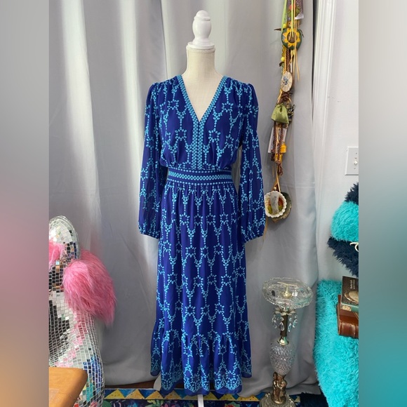 NWT SHOSHANNA CALAH MIDI DRESS ANTHROPOLOGIE SIZE 8 BLUE EMBROIDERED AQUA - Picture 3 of 12